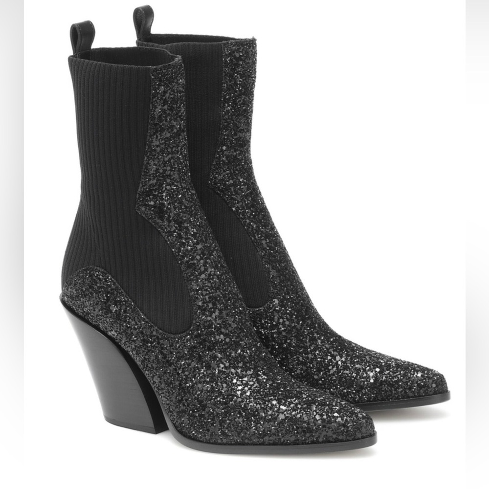 Jimmy Choo Mele Glitter 85 Western Stretch Knit Block Heel Ankle Boots Black 39